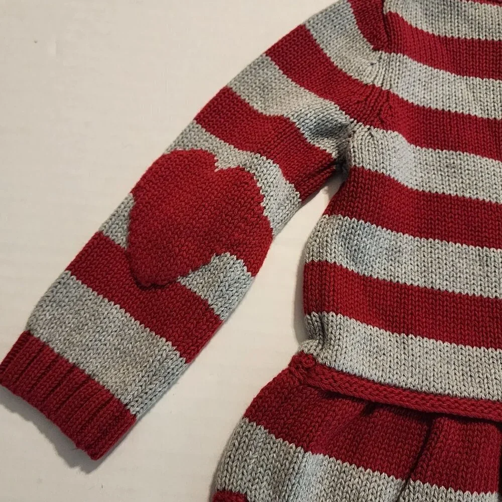 Baby Gap Girl 12-18 m  Red & Gray Striped Knit Cardigan  Heart Elbow Patches
